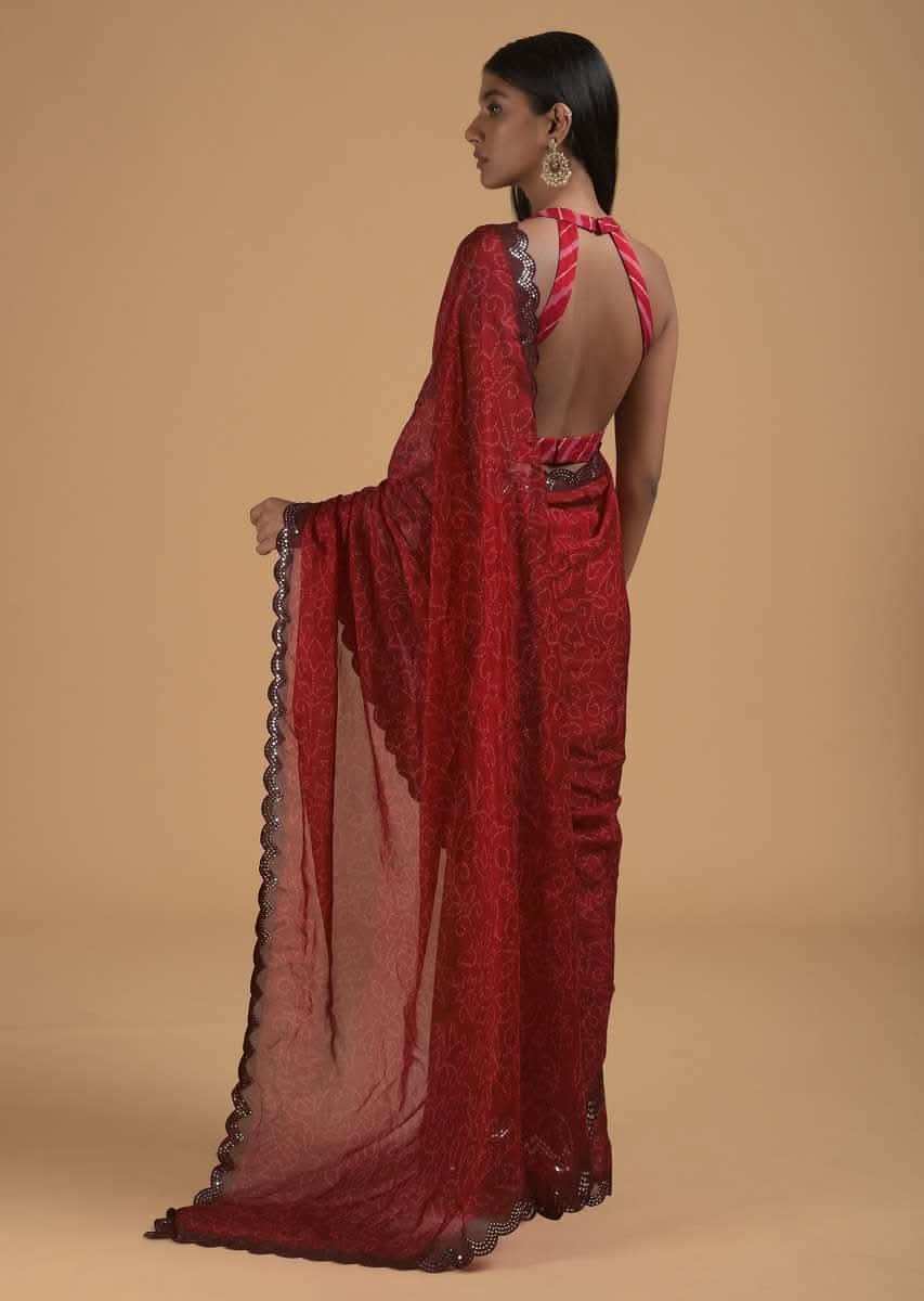 Cherry Red Saree In Silk With Bandhani Printed Jaal And Abla Embellished Scallop Border