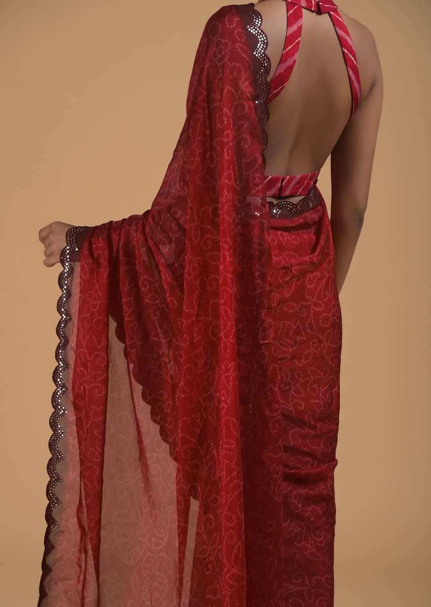 Cherry Red Saree In Silk With Bandhani Printed Jaal And Abla Embellished Scallop Border