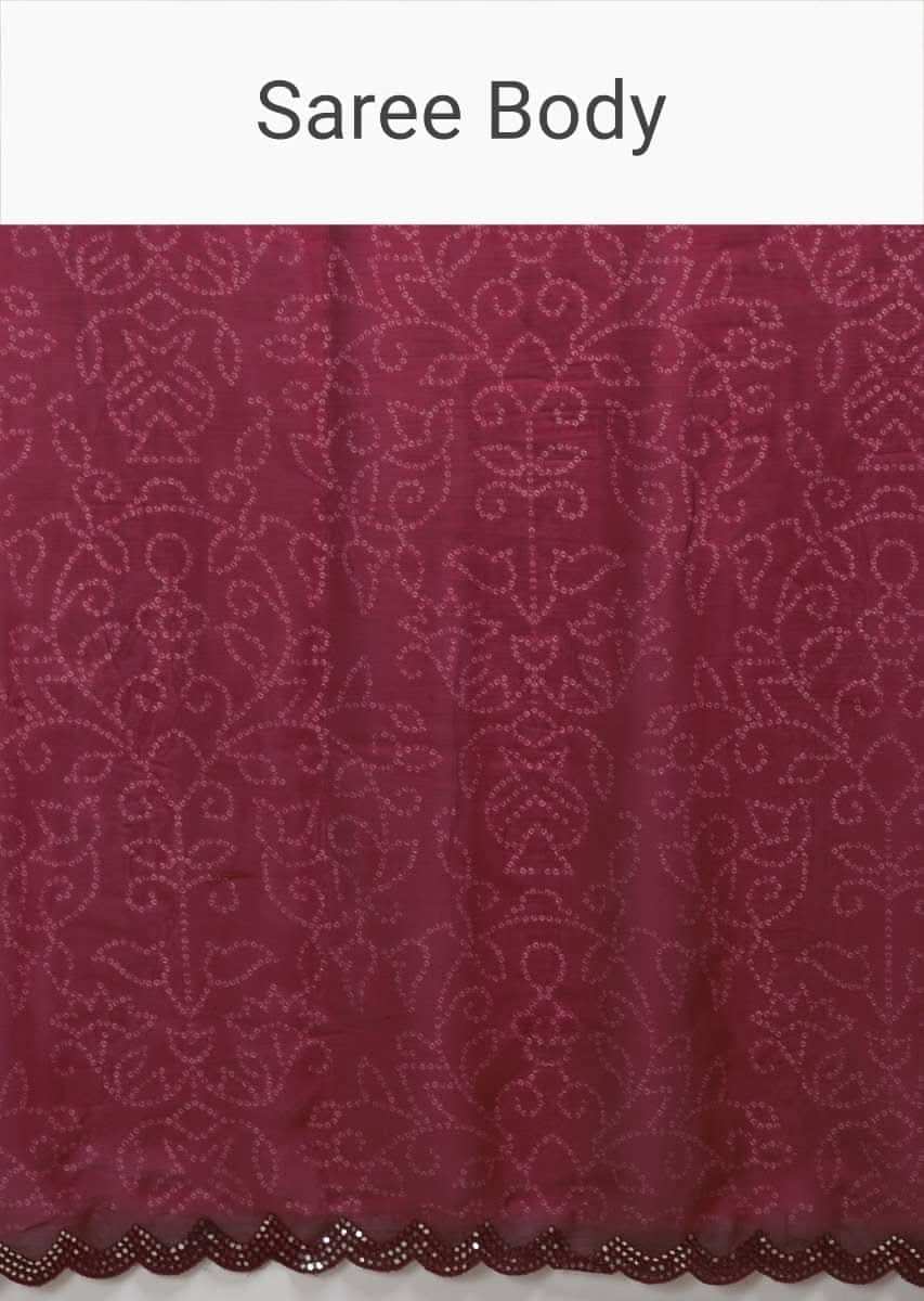 Cherry Red Saree In Silk With Bandhani Printed Jaal And Abla Embellished Scallop Border