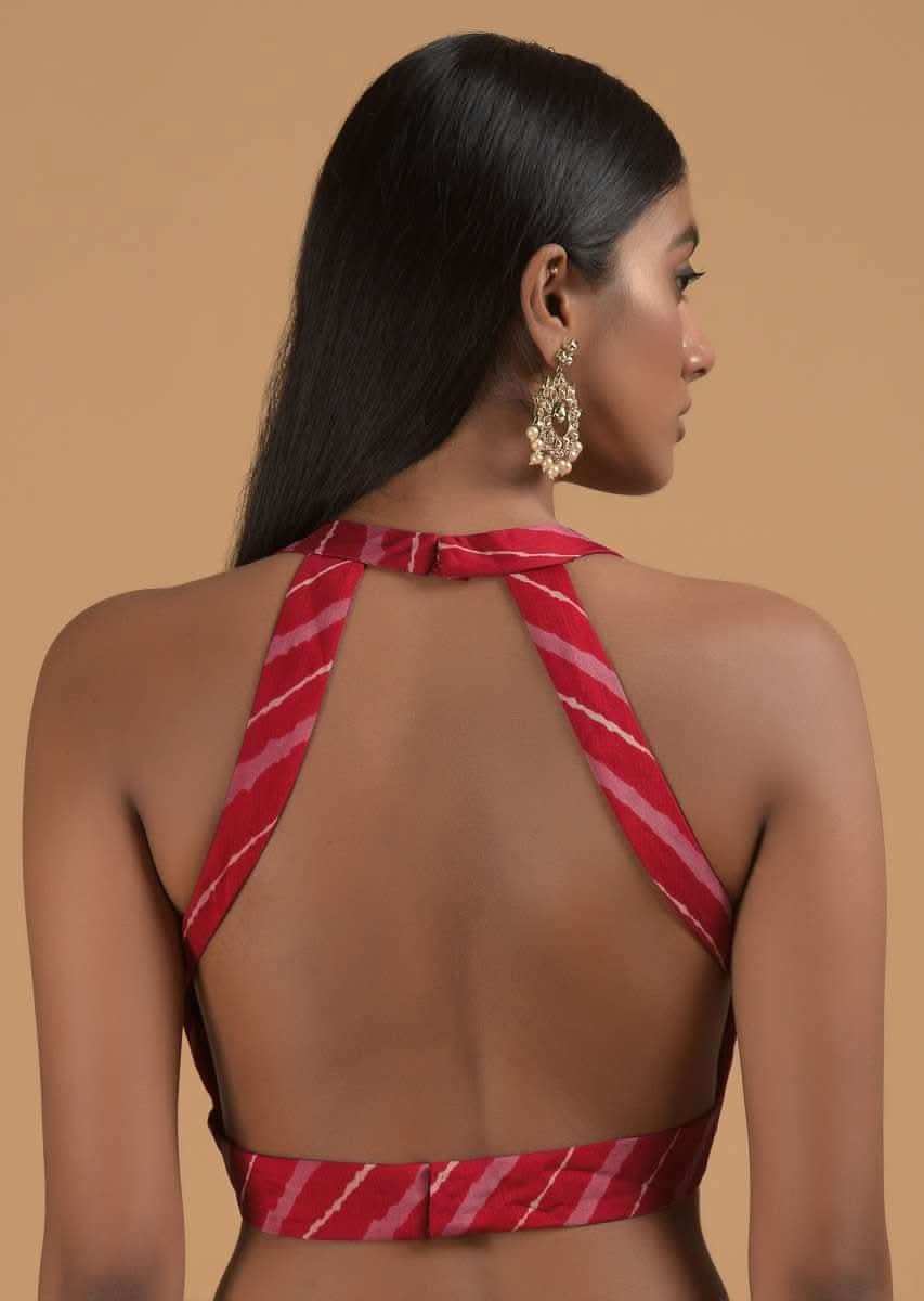 Cherry Red Saree In Silk With Bandhani Printed Jaal And Abla Embellished Scallop Border
