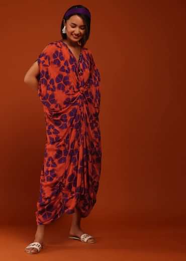 Cherry Tomato And Egg-Plant Purple Tie Dye Print Kaftan With A Front Knot Online