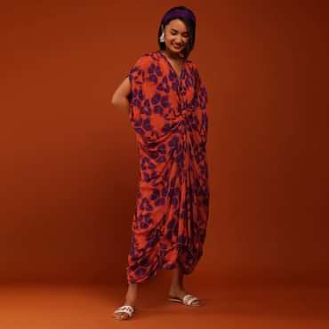 Cherry Tomato And Egg-Plant Purple Tie Dye Print Kaftan With A Front Knot Online