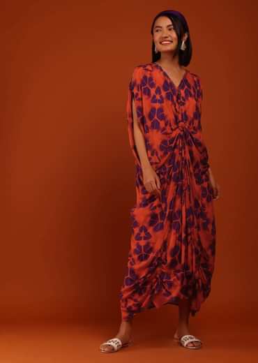 Cherry Tomato And Egg-Plant Purple Tie Dye Print Kaftan With A Front Knot Online