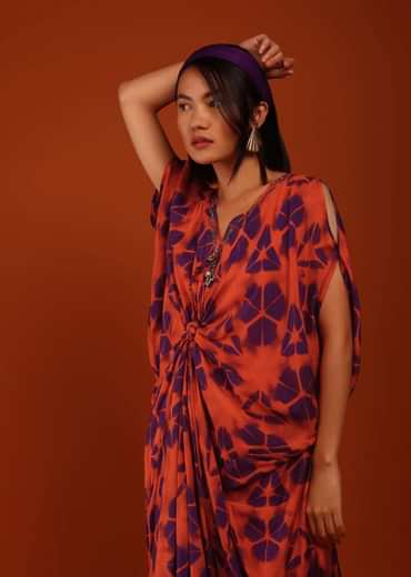 Cherry Tomato And Egg-Plant Purple Tie Dye Print Kaftan With A Front Knot Online
