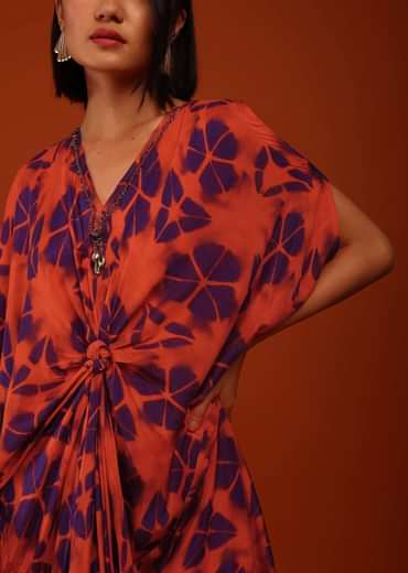 Cherry Tomato And Egg-Plant Purple Tie Dye Print Kaftan With A Front Knot Online