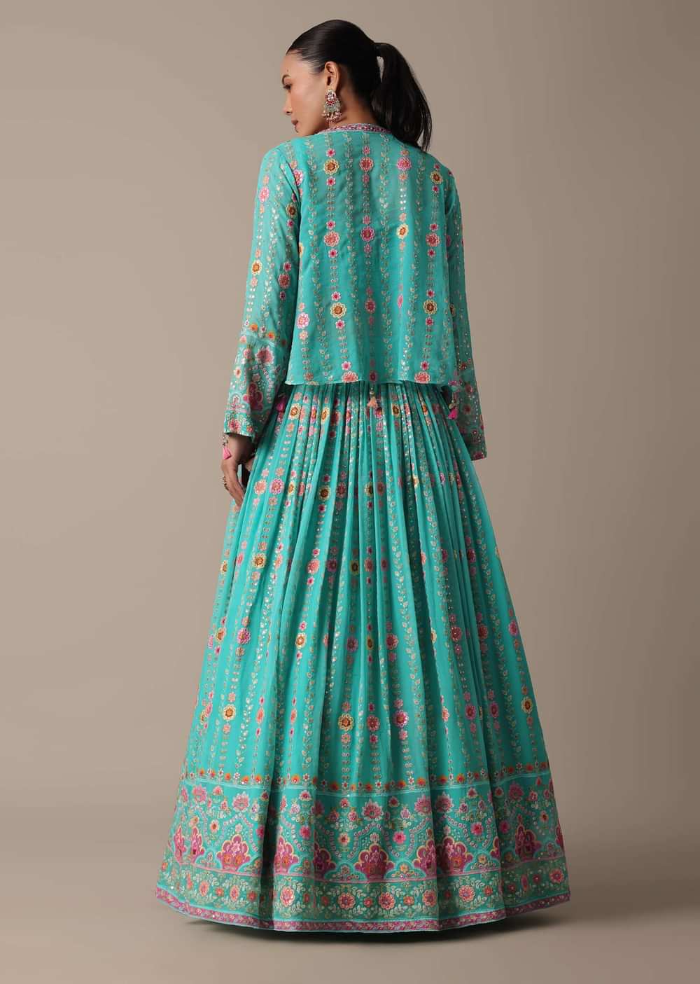 Chic Blue Lehenga Set With Mirror Embroidered Jacket
