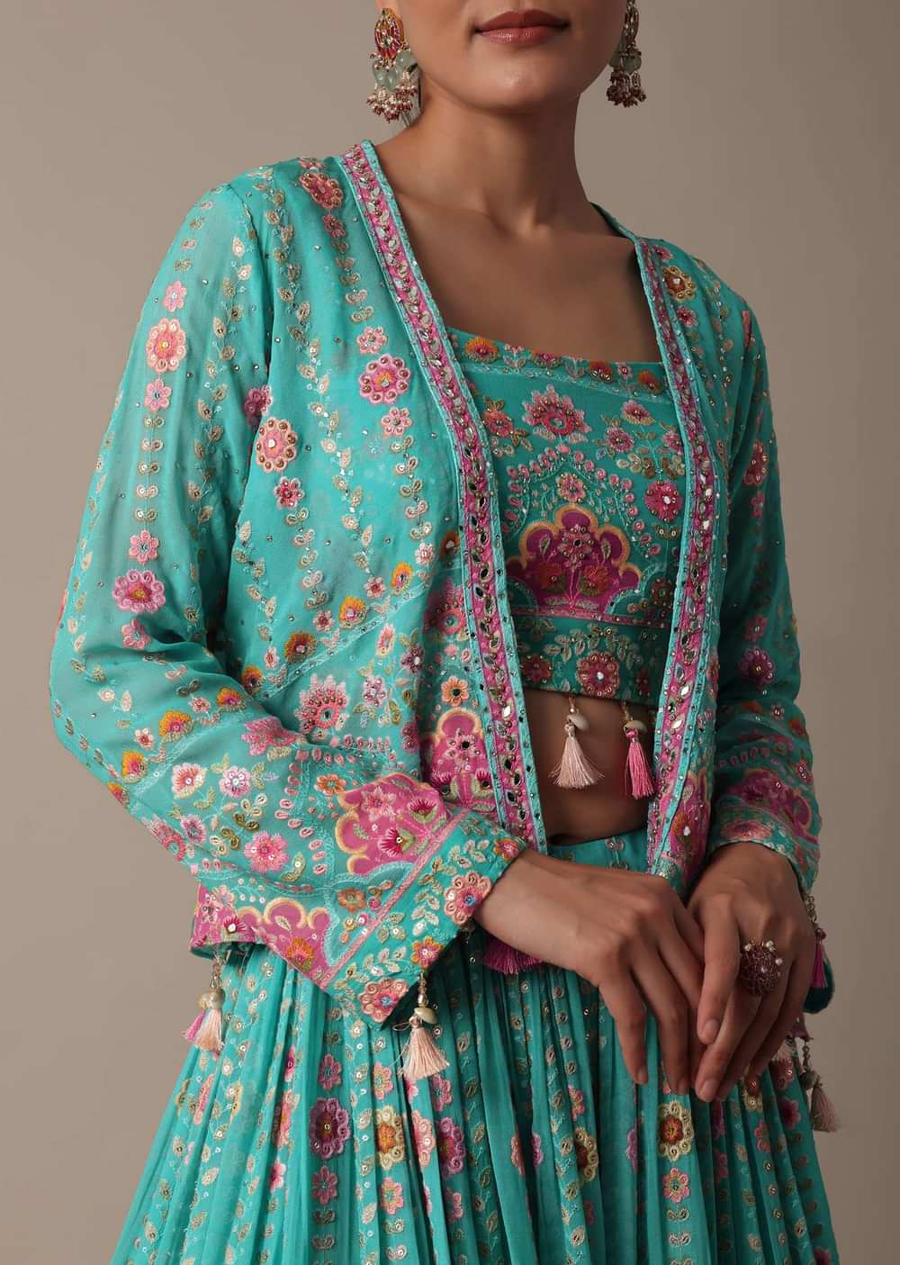 Chic Blue Lehenga Set With Mirror Embroidered Jacket