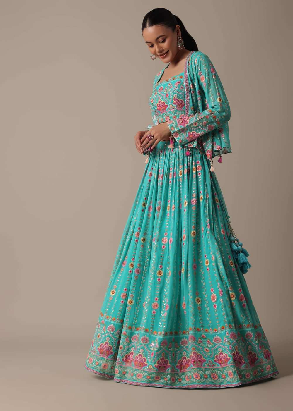 Chic Blue Lehenga Set With Mirror Embroidered Jacket