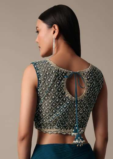 Chic Blue Ready Pleated Saree With Ready Made Blouse