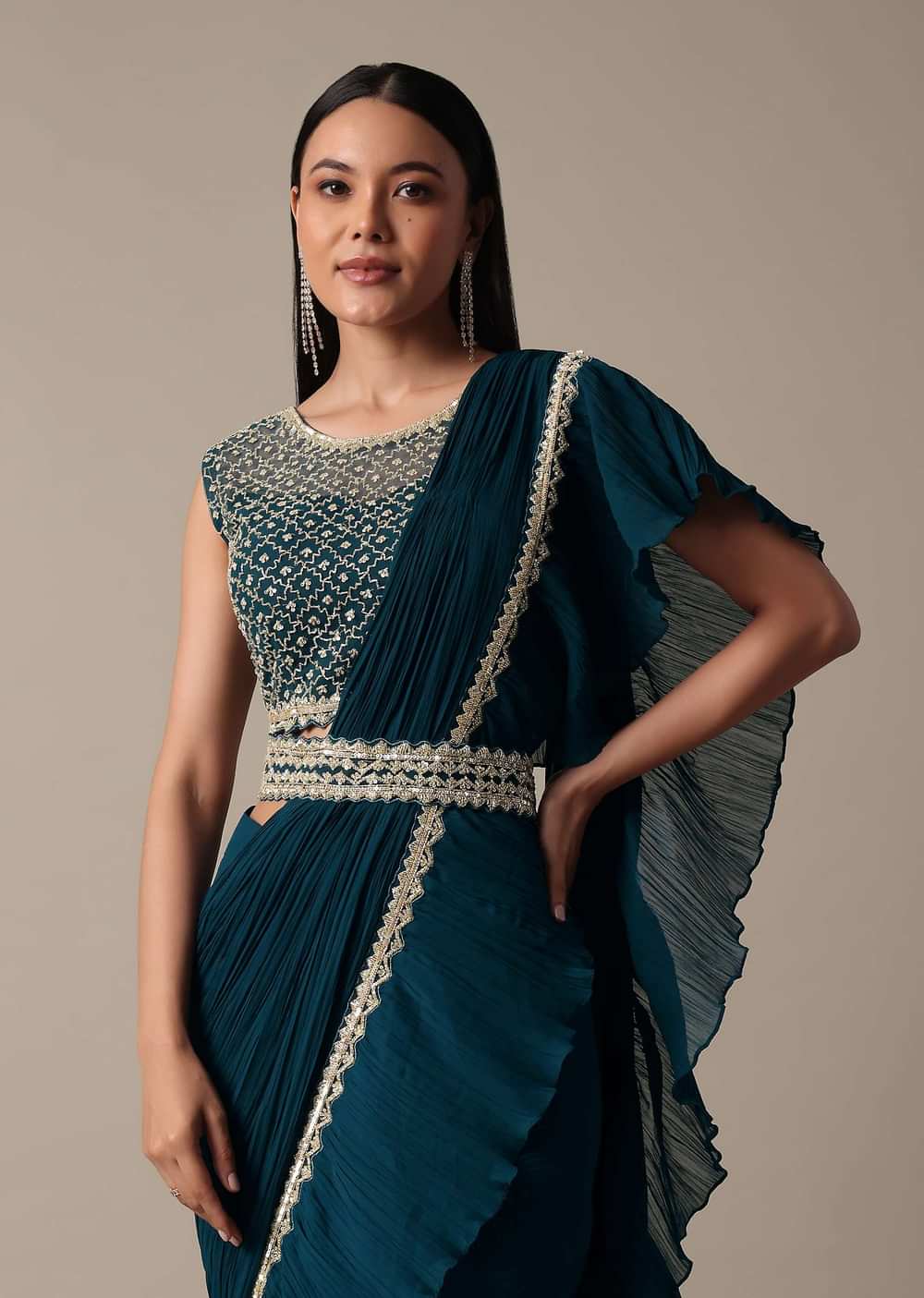 Chic Blue Ready Pleated Saree With Ready Made Blouse