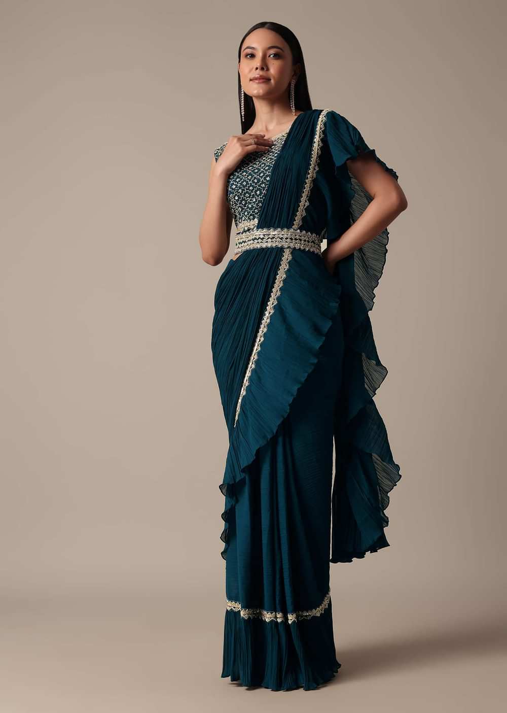 Chic Blue Ready Pleated Saree With Ready Made Blouse