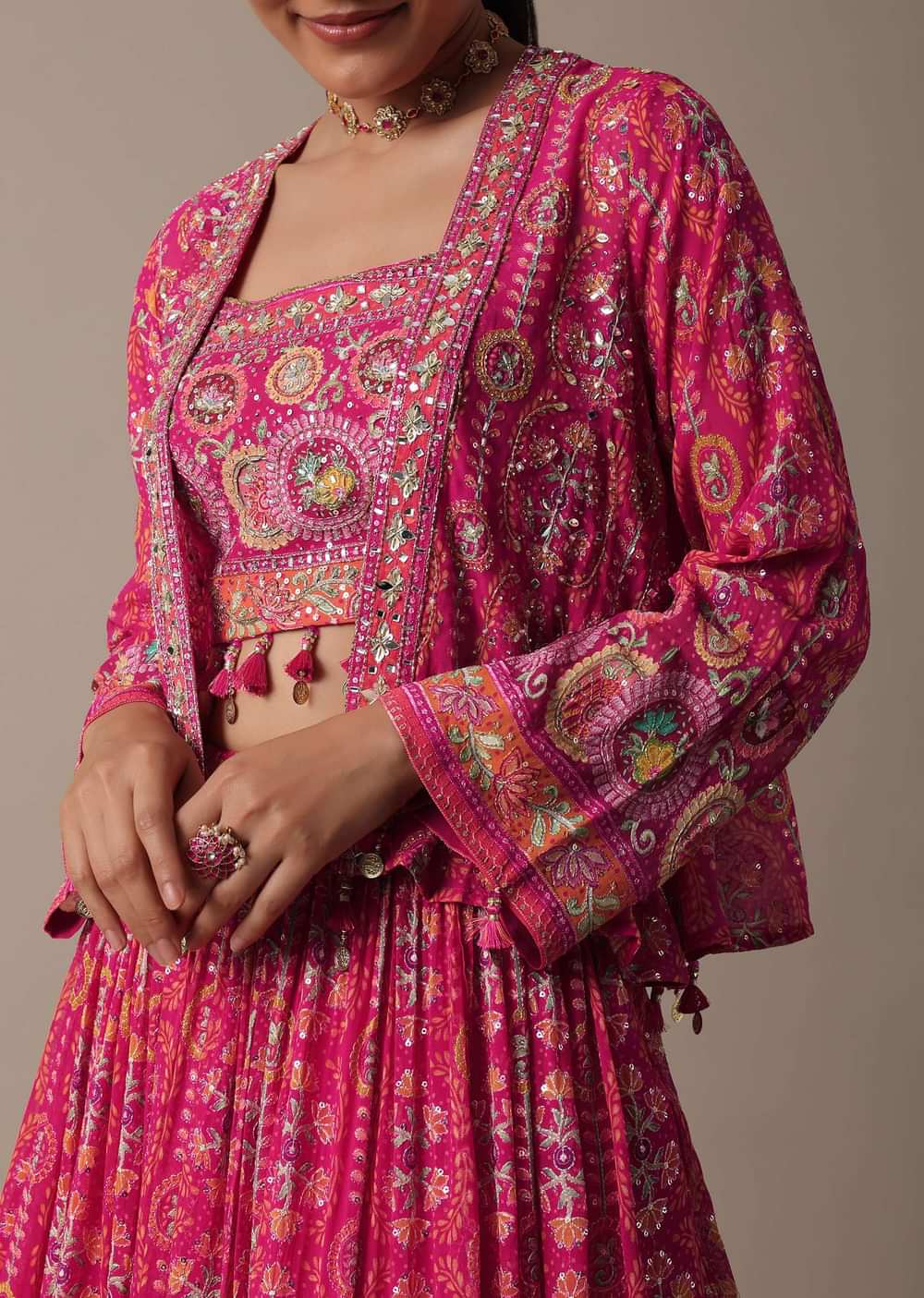 Chic Pink Printed Lehenga Set With Jacket