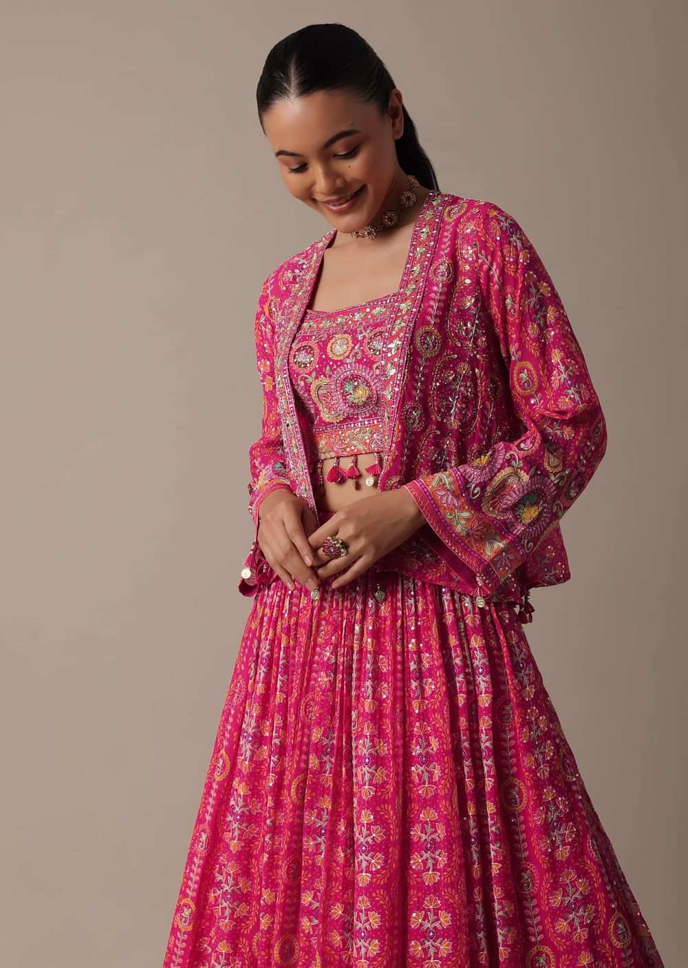 Chic Pink Printed Lehenga Set With Jacket
