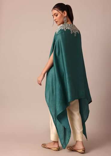 Chic Turquoise Blue Crop Top With Embroidered Jacket And Pants