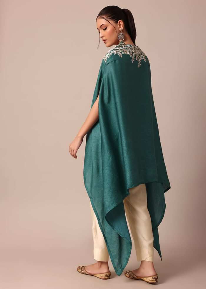Chic Turquoise Blue Crop Top With Embroidered Jacket And Pants