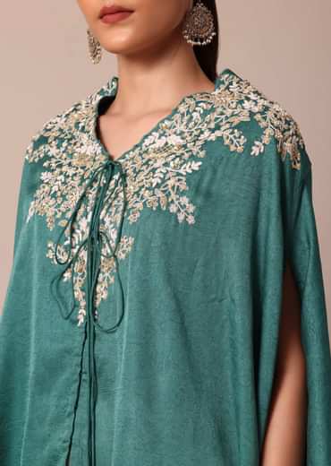 Chic Turquoise Blue Crop Top With Embroidered Jacket And Pants