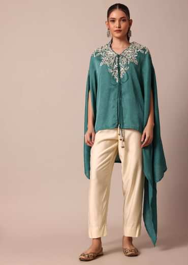 Chic Turquoise Blue Crop Top With Embroidered Jacket And Pants