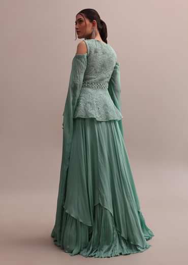 Chic Turquoise Blue Lehenga With Embroidered Off-Shoulder Short Kurta