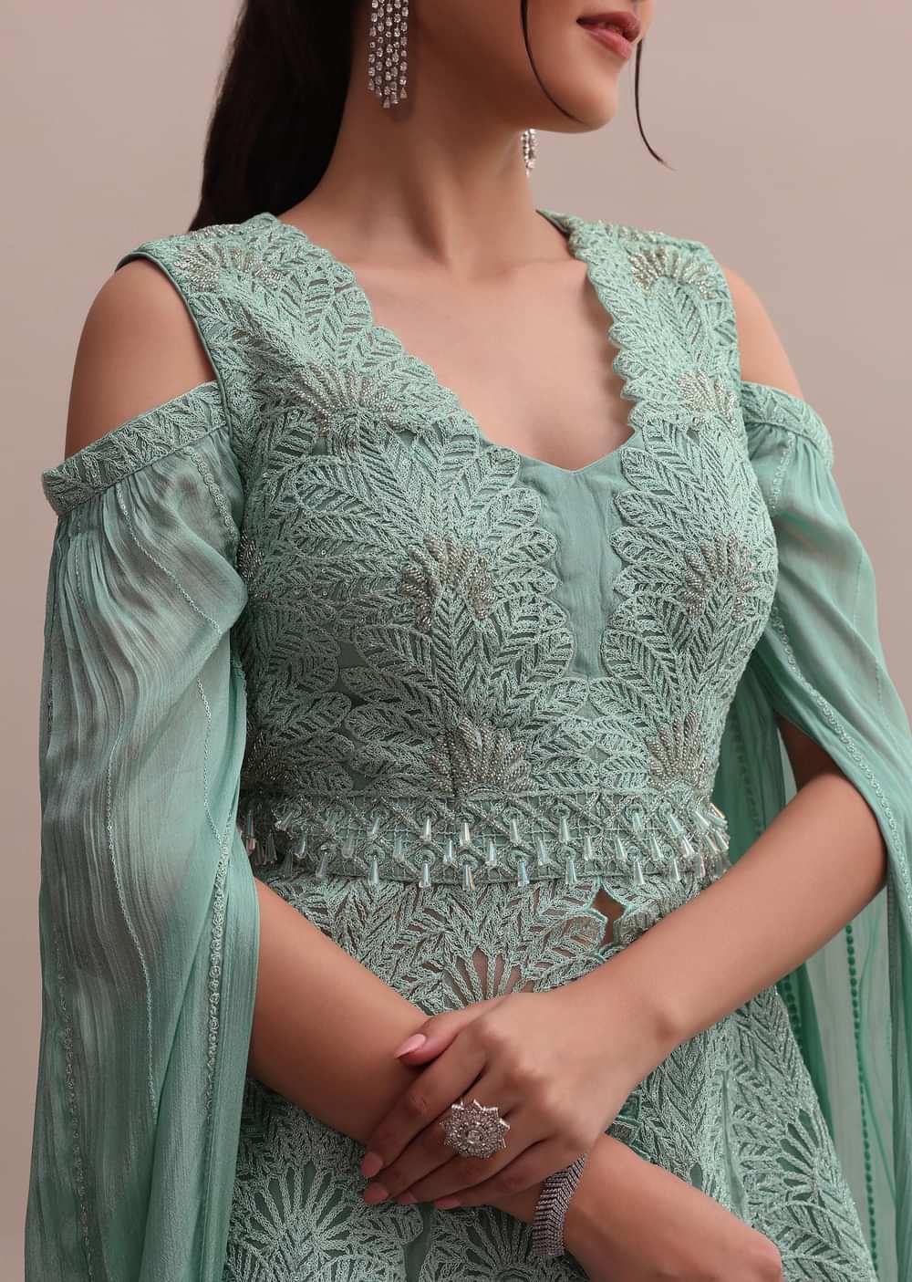 Chic Turquoise Blue Lehenga With Embroidered Off-Shoulder Short Kurta