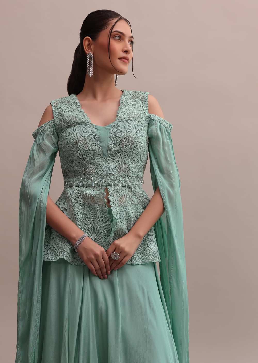 Chic Turquoise Blue Lehenga With Embroidered Off-Shoulder Short Kurta