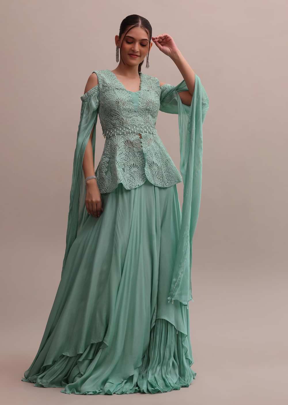 Chic Turquoise Blue Lehenga With Embroidered Off-Shoulder Short Kurta