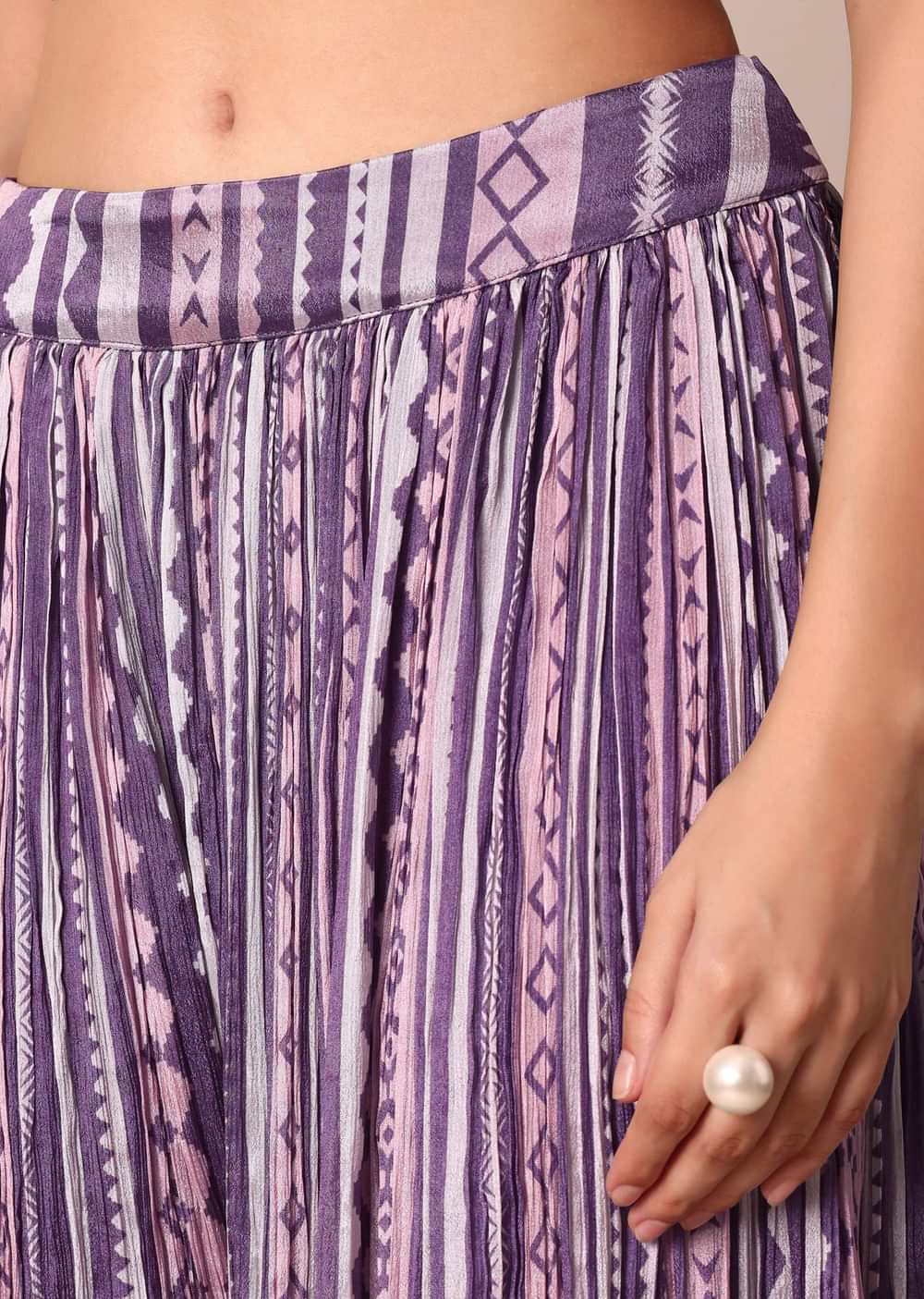 Chiffon Printed Embroidery Crop Top With Jacket And Palazzo Set in Purple