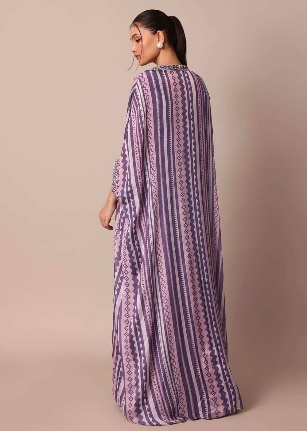 Chiffon Printed Embroidery Crop Top With Jacket And Palazzo Set in Purple