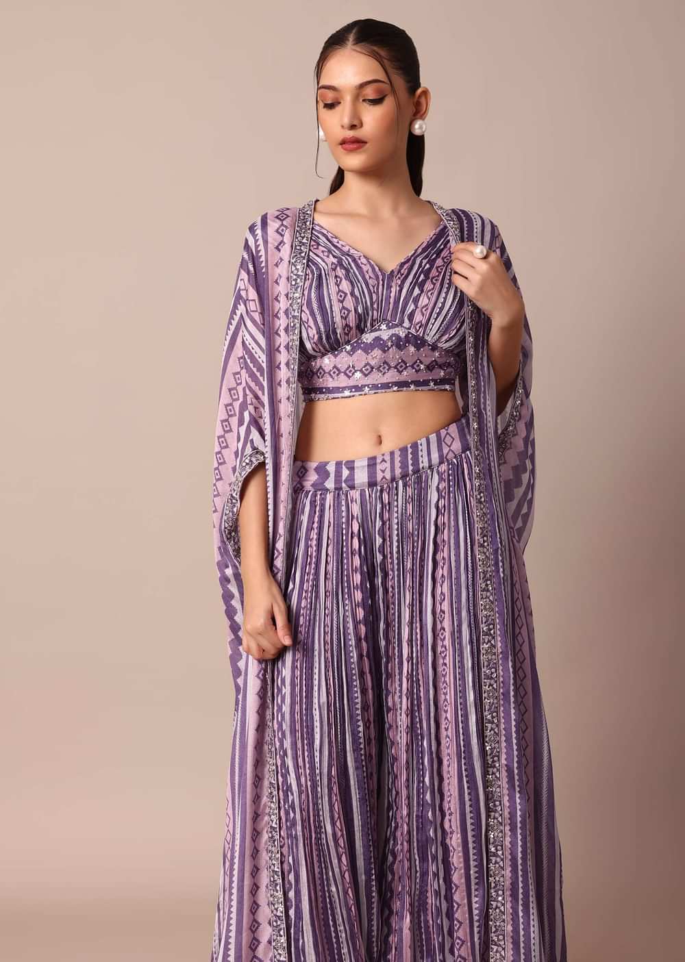 Chiffon Printed Embroidery Crop Top With Jacket And Palazzo Set in Purple