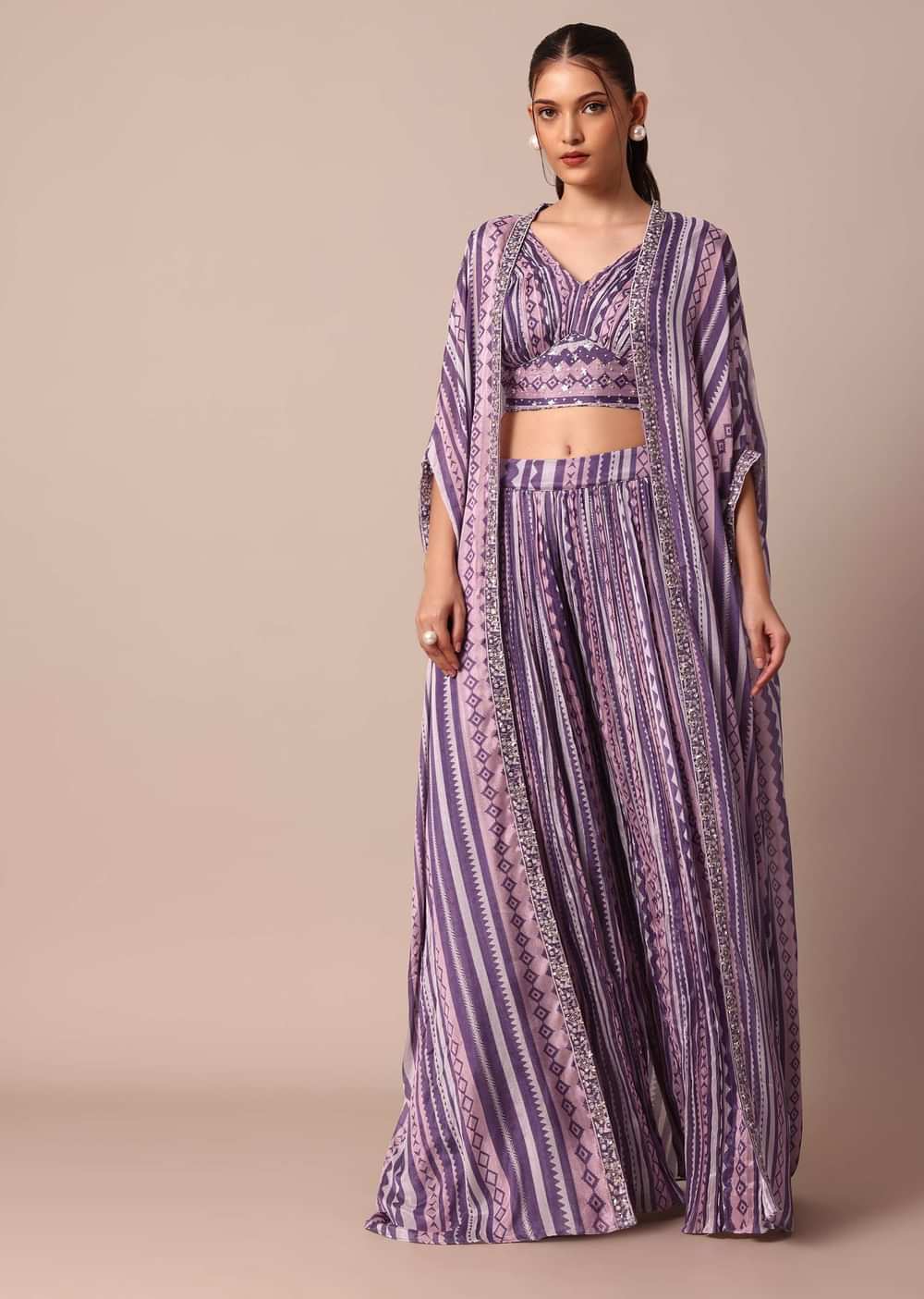 Chiffon Printed Embroidery Crop Top With Jacket And Palazzo Set in Purple