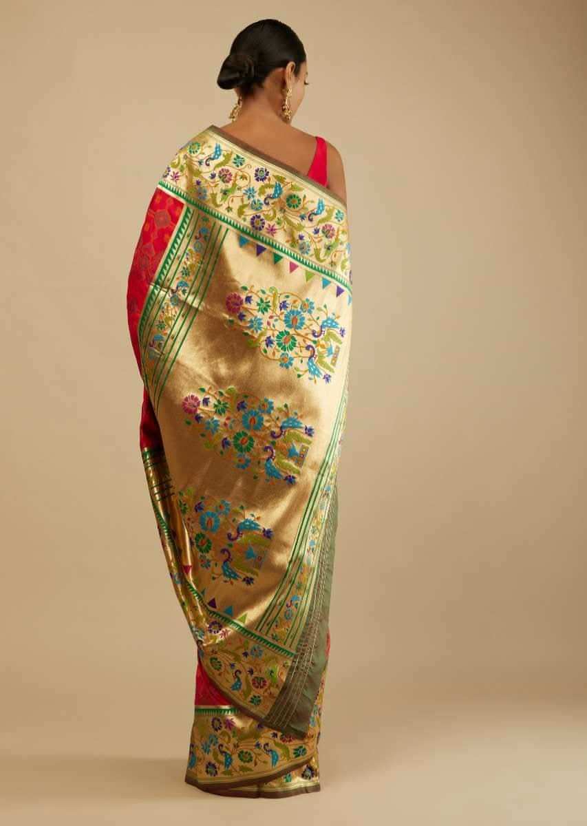 Chilly Red Saree In Silk Blend With Woven Patola Jaal And A Gold Border With Woven Colorful Peacock Motifs