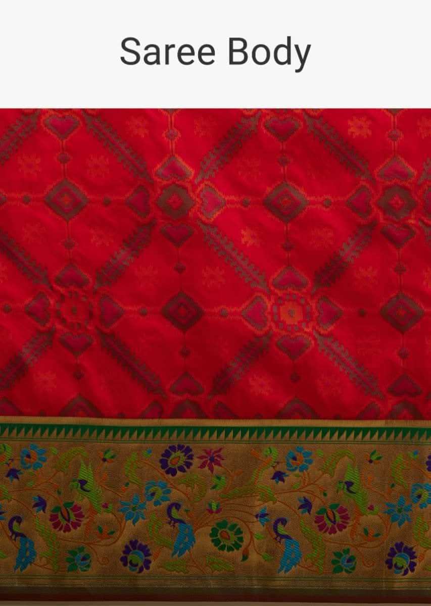 Chilly Red Saree In Silk Blend With Woven Patola Jaal And A Gold Border With Woven Colorful Peacock Motifs