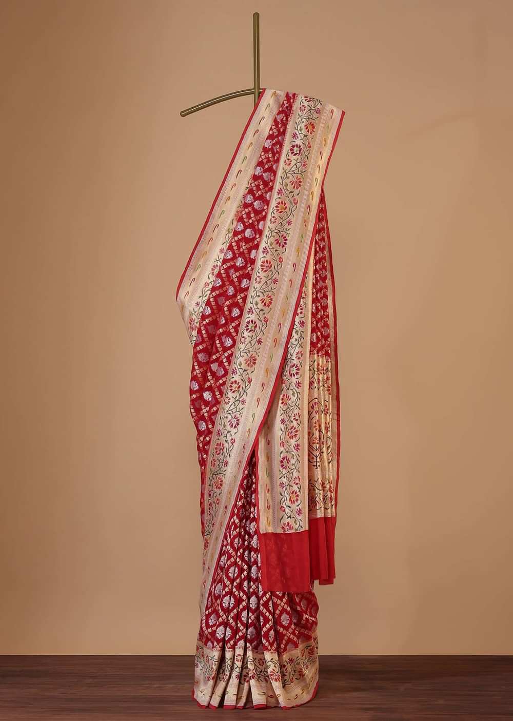 Maroon Red Georgette Saree With Banarasi Zari With Khaddi Border And An Unstitched Blouse