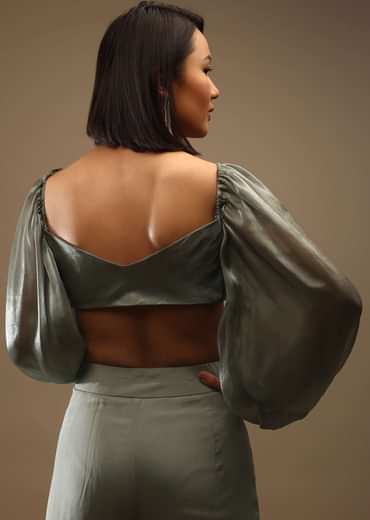 Chino's Green Bow Tie Blouse In Plunging V Neckline Bishop Sleeves, Side Zip Closure