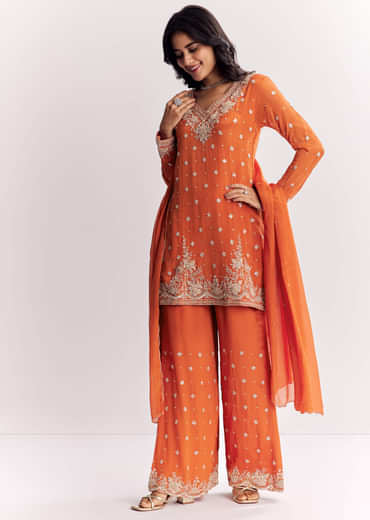 Chinon Cutdana Sequin Threadwork Kurta Palazzo Suit