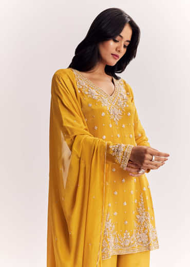 Chinon Kurta Palazzo Suit With Cutdana Sequins And Thread Work