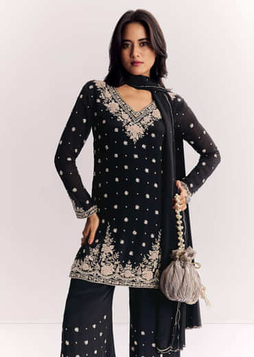 Chinon Kurta Sharara Suit With Cutdana Sequins And Thread Embroidery