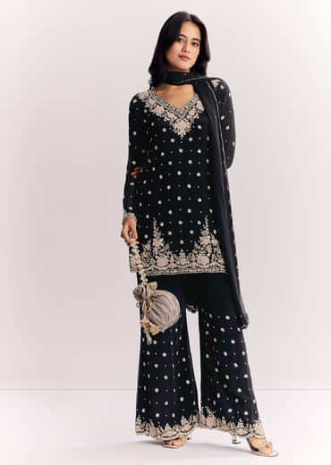 Chinon Kurta Sharara Suit With Cutdana Sequins And Thread Embroidery