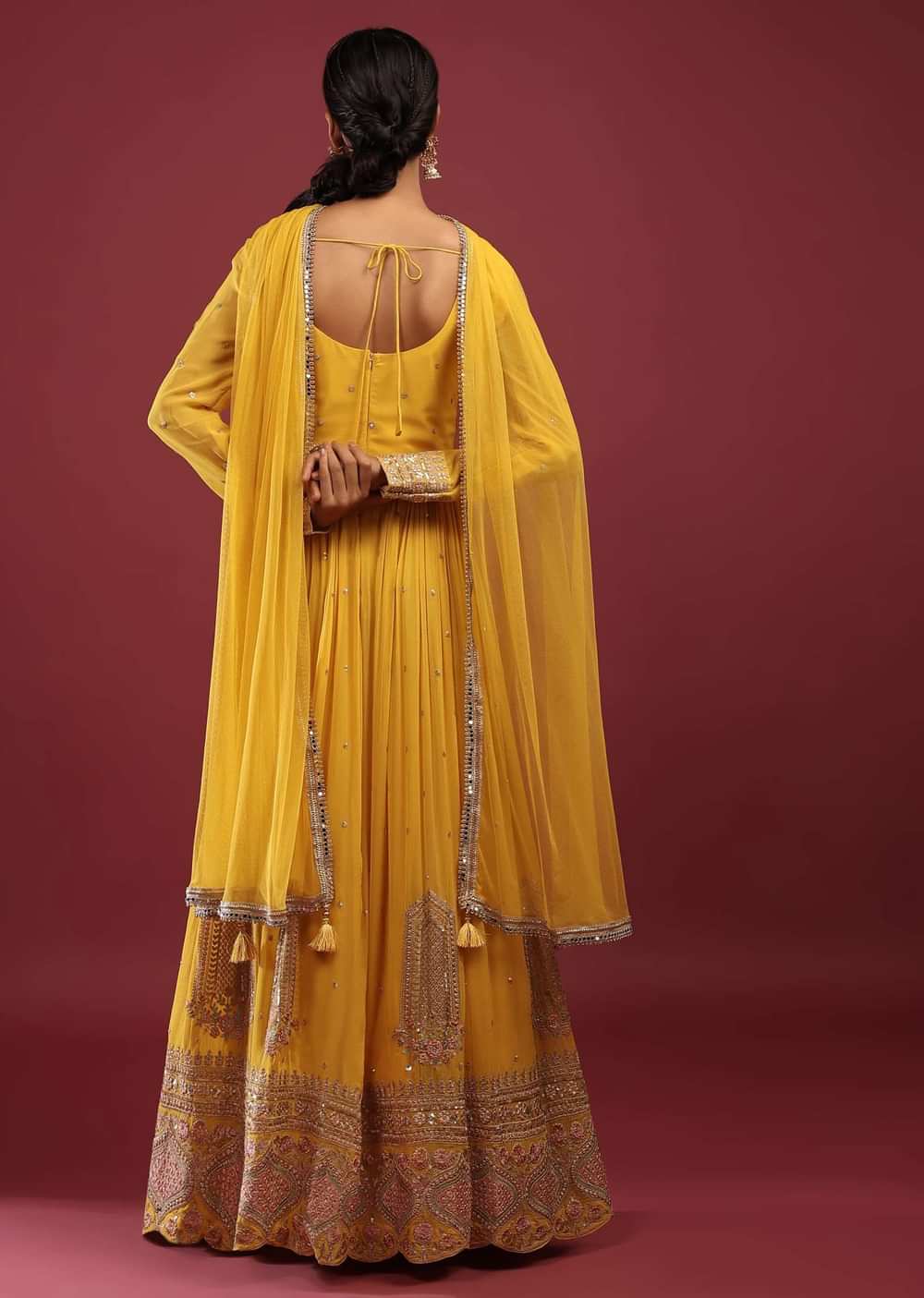 Canary Yellow Anarkali Suit In Georgette With Multicolored Resham And Zari Embroidered Mughal Design