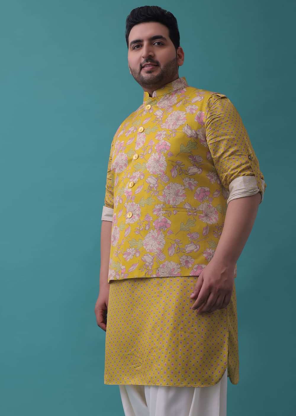 Chrome Yellow Jacket Kurta Set In Linen With Floral Pattern