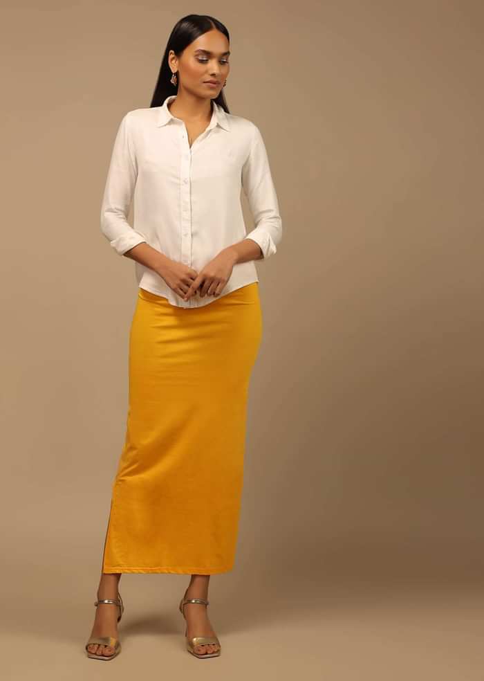 Chrome Yellow Shapewear Saree Petticoat In Cotton Lycra With Elastic Waistband And Slit