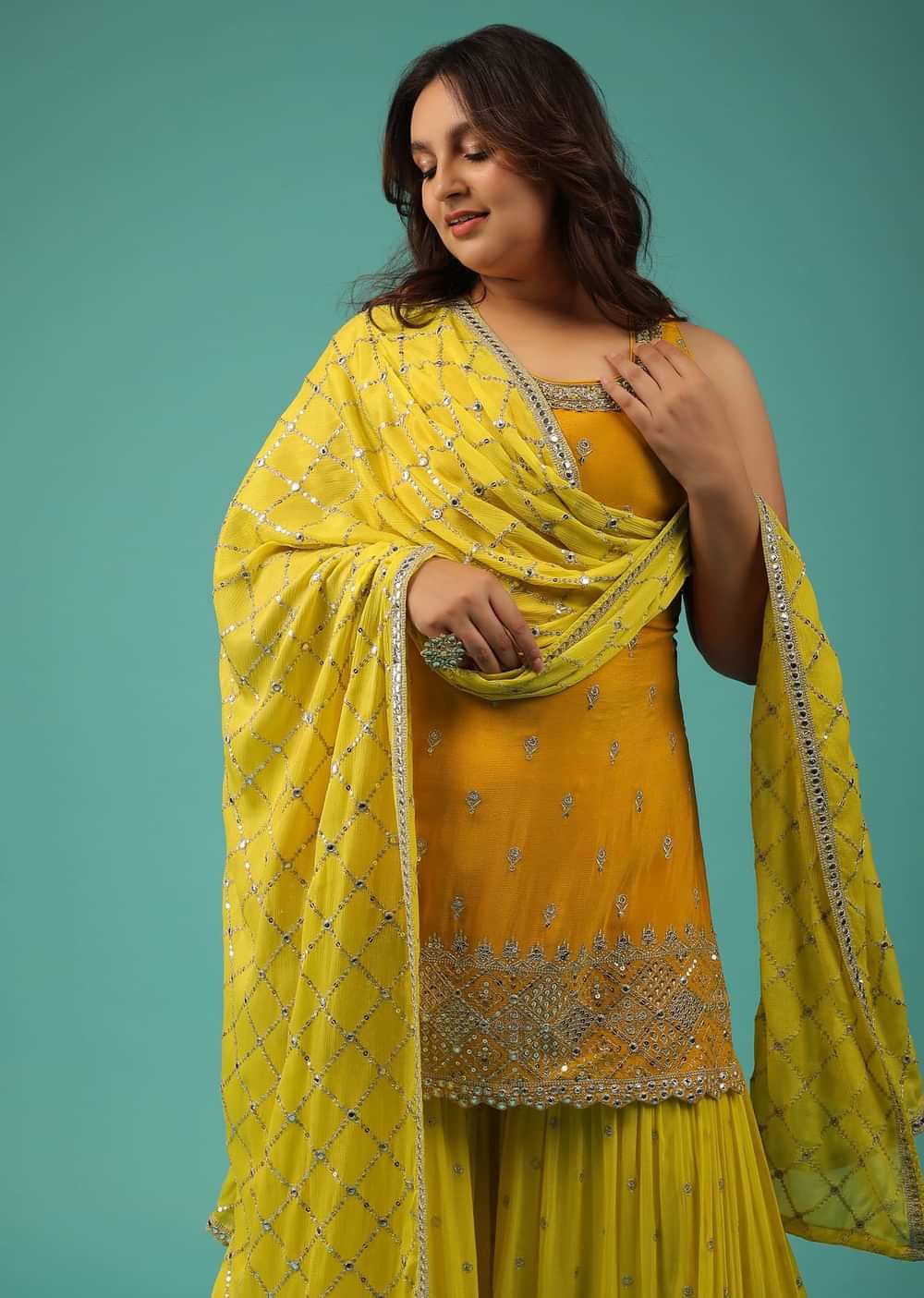 Chrome Yellow Sharara Suit With Embroidery