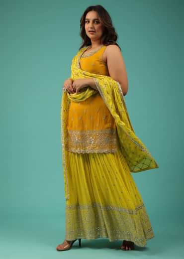 Chrome Yellow Sharara Suit With Embroidery