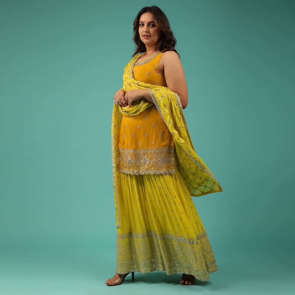 Chrome Yellow Sharara Suit With Embroidery
