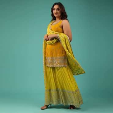 Chrome Yellow Sharara Suit With Embroidery