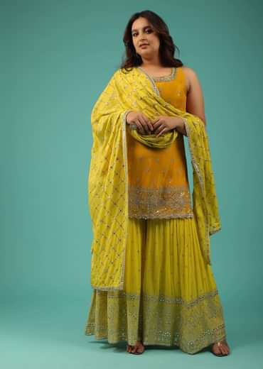 Chrome Yellow Sharara Suit With Embroidery