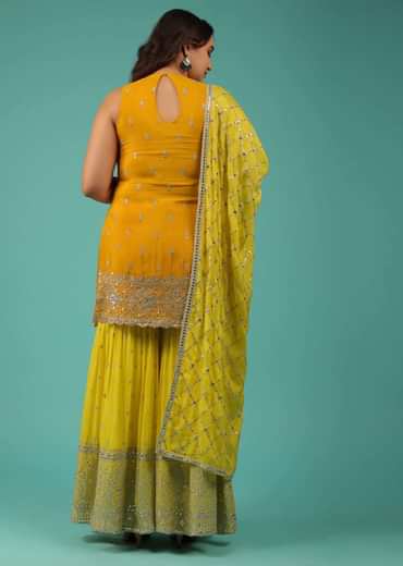 Chrome Yellow Sharara Suit In Chinon With Embroidery