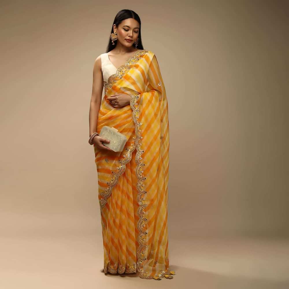 Chrome Yellow Two Toned Saree In Organza With Lehariya Print And Gotta Embroidered Scallop Border