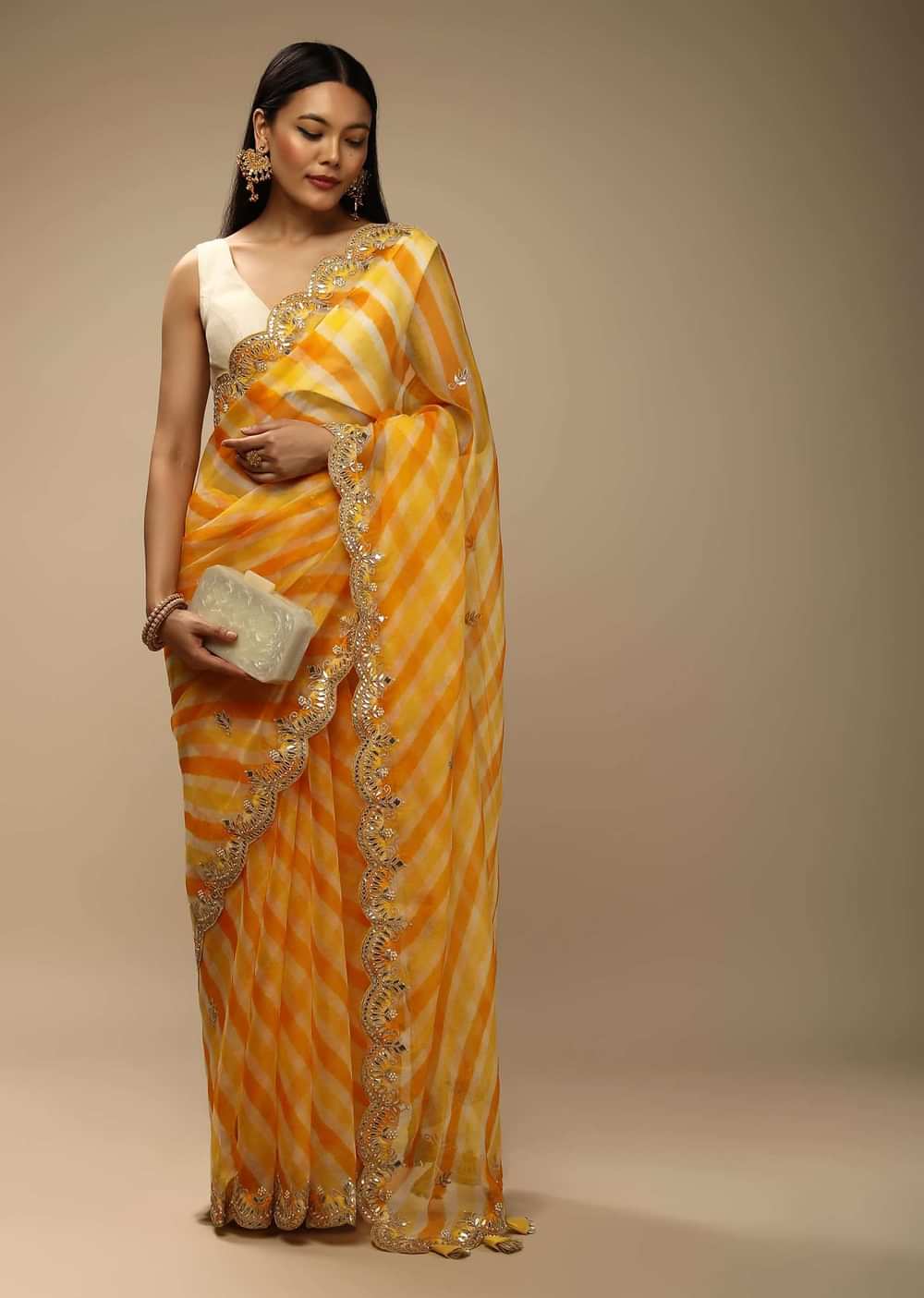 Chrome Yellow Two Toned Saree In Organza With Lehariya Print And Gotta Embroidered Scallop Border