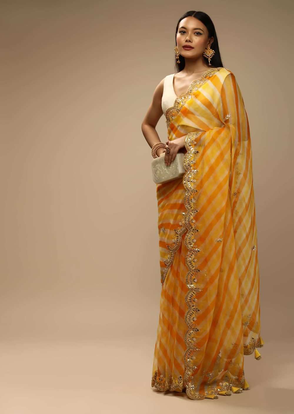 Chrome Yellow Two Toned Saree In Organza With Lehariya Print And Gotta Embroidered Scallop Border