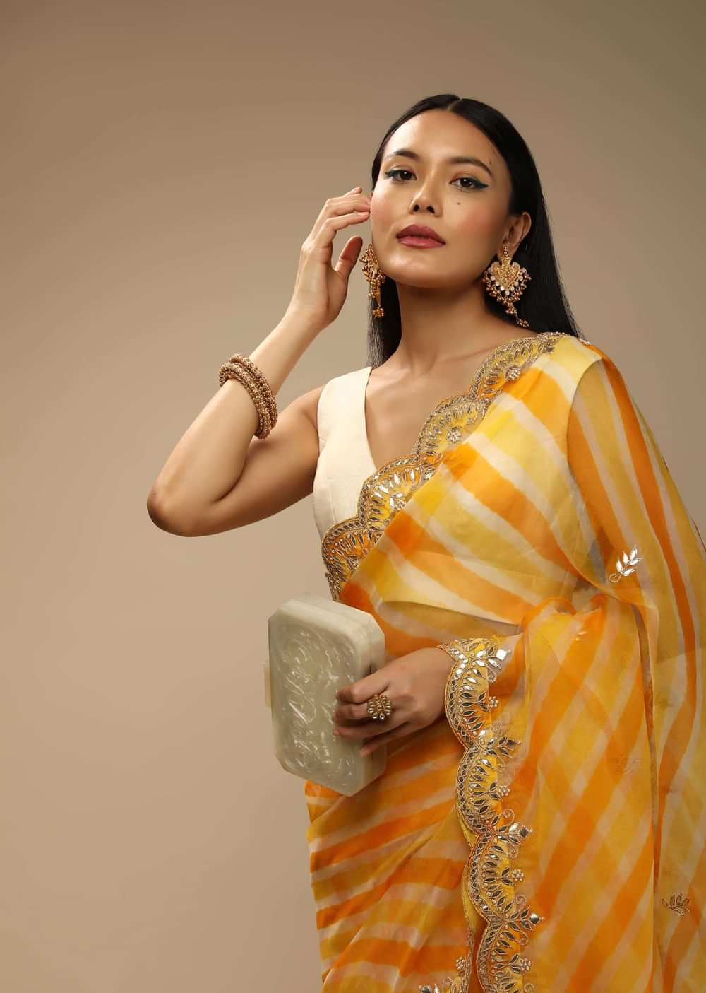 Chrome Yellow Two Toned Saree In Organza With Lehariya Print And Gotta Embroidered Scallop Border